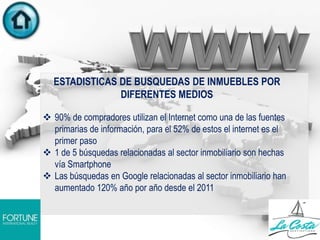 ESTADISTICAS DE BUSQUEDAS DE INMUEBLES POR
DIFERENTES MEDIOS
 90% de compradores utilizan el Internet como una de las fuentes
primarias de información, para el 52% de estos el internet es el
primer paso
 1 de 5 búsquedas relacionadas al sector inmobiliario son hechas
vía Smartphone
 Las búsquedas en Google relacionadas al sector inmobiliario han
aumentado 120% año por año desde el 2011
 