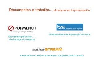 Documentos   e traballos… almacenamento/presentación Documentos  pdf   on   line  sin descarga no ordenador  Presentación en rede de documentos . ppt  ( power   point ) con visor. Almacenamento de arquivos  pdf  con visor   