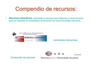 Compendio de recursos: Recursos educativos :  actividades  e  recursos  que utilizamos na Aula de apoio para dar resposta ás necesidades de formación da nosa diversidade educativa. Actividades interactivas   Compendio de recursos   