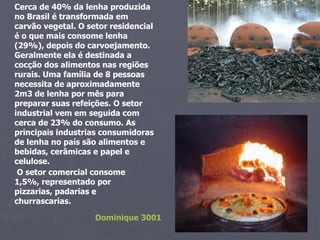 Cerca de 40% da lenha produzida no Brasil é transformada em carvão vegetal. O setor residencial é o que mais consome lenha (29%), depois do carvoejamento. Geralmente ela é destinada a cocção dos alimentos nas regiões rurais. Uma família de 8 pessoas necessita de aproximadamente 2m3 de lenha por mês para preparar suas refeições. O setor industrial vem em seguida com cerca de 23% do consumo. As principais industrias consumidoras de lenha no país são alimentos e bebidas, cerâmicas e papel e celulose.  O setor comercial consome 1,5%, representado por pizzarias, padarias e churrascarias.  Dominique 3001 