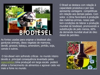 O Brasil se destaca com relação à  capacidade produtiva e por isso apresenta vantagens  competitivas em relação aos demais países. Com solos  e clima favoráveis à produção das matérias-primas. nosso país tem condições de liderar a produção mundial de biodiesel, promovendo a substituição de pelo menos, 60% da demanda mundial atual de óleo diesel de petróleo.  As fontes usadas para originar o biodiesel são: gorduras animais, óleos vegetais de mamona, dendê, girassol, babaçu, amendoim, pinhão, soja, canola e outros.  O bio-diesel vem sofrendo críticas  no mundo inteiro devido a  principal consequência levantado pelos  especialistas :Uma produçaõ em larga escala  poderá  afetar o fornecimento de alimentos e agravar cada vez mais a fome no mundo.  