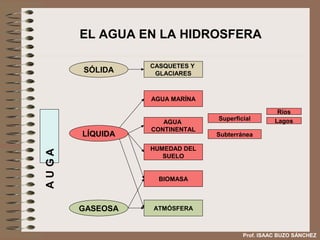 EL AGUA EN LA HIDROSFERA

                  CASQUETES Y
        SÓLIDA     GLACIARES



                  AGUA MARÍNA

                                                   Ríos
                                Superficial       Lagos
                     AGUA
                  CONTINENTAL
        LÍQUIDA                 Subterránea

                  HUMEDAD DEL
AU GA




                     SUELO


                    BIOMASA



        GASEOSA   ATMÓSFERA



                                        Prof. ISAAC BUZO SÁNCHEZ
 