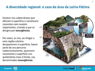 Existem rios subterrâneos que
afloram à superfície e constituem
nascentes com caudais
importantes, criando o que se
designa por exsurgências.
Por vezes, os rios, ao chegar a
uma região calcária,
desaparecem à superfície, fazem
parte do seu percurso
subterraneamente, aparecem
novamente à superfície uns
quilómetros mais à frente, nas
denominadas ressurgências.
A diversidade regional: o caso da área de Leiria-Fátima
18
 