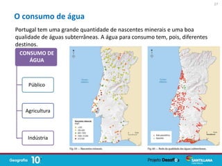 Portugal tem uma grande quantidade de nascentes minerais e uma boa
qualidade de águas subterrâneas. A água para consumo tem, pois, diferentes
destinos.
O consumo de água
CONSUMO DE
ÁGUA
Público
Agricultura
Indústria
27
 