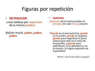 Figuras por repetición
• REITERACIÓN
crean belleza por repetición
de la misma palabra
Bolívar murió, pobre, pobre,
pobre
•...