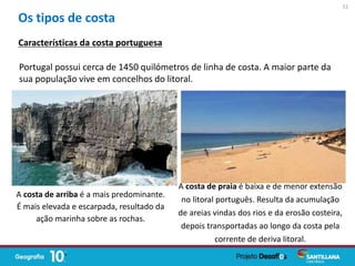 A costa de arriba é a mais predominante.
É mais elevada e escarpada, resultado da
ação marinha sobre as rochas.
Os tipos de costa
A costa de praia é baixa e de menor extensão
no litoral português. Resulta da acumulação
de areias vindas dos rios e da erosão costeira,
depois transportadas ao longo da costa pela
corrente de deriva litoral.
Características da costa portuguesa
Portugal possui cerca de 1450 quilómetros de linha de costa. A maior parte da
sua população vive em concelhos do litoral.
11
 