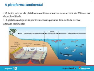• O limite inferior da plataforma continental encontra-se a cerca de 200 metros
de profundidade.
• A plataforma liga-se às planícies abissais por uma área de forte declive,
o talude continental.
A plataforma continental
21
 