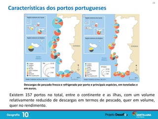 Existem 157 portos no total, entre o continente e as ilhas, com um volume
relativamente reduzido de descargas em termos de pescado, quer em volume,
quer no rendimento.
Características dos portos portugueses
28
Descargas de pescado fresco e refrigerado por porto e principais espécies, em toneladas e
em euros.
 