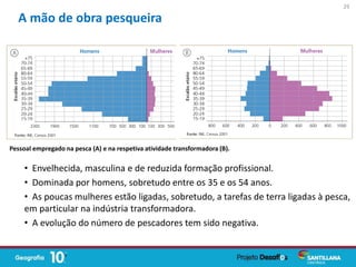 • Envelhecida, masculina e de reduzida formação profissional.
• Dominada por homens, sobretudo entre os 35 e os 54 anos.
• As poucas mulheres estão ligadas, sobretudo, a tarefas de terra ligadas à pesca,
em particular na indústria transformadora.
• A evolução do número de pescadores tem sido negativa.
A mão de obra pesqueira
29
Pessoal empregado na pesca (A) e na respetiva atividade transformadora (B).
 