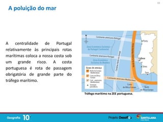 A centralidade de Portugal
relativamente às principais rotas
marítimas coloca a nossa costa sob
um grande risco. A costa
portuguesa é rota de passagem
obrigatória de grande parte do
tráfego marítimo.
A poluição do mar
33
Tráfego marítimo na ZEE portuguesa.
 