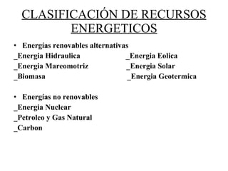 CLASIFICACIÓN DE RECURSOS ENERGETICOS Energías renovables alternativas _Energia Hidraulica  _Energia Eolica _Energia Mareomotriz  _Energia Solar _Biomasa  _Energia Geotermica Energías no renovables  _Energia Nuclear _Petroleo y Gas Natural _Carbon 