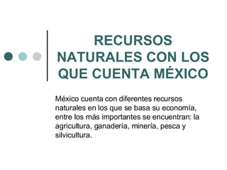 RECURSOS NATURALES CON LOS QUE CUENTA MÉXICO México cuenta con diferentes recursos naturales en los que se basa su economía, entre los más importantes se encuentran: la agricultura, ganadería, minería, pesca y silvicultura. 