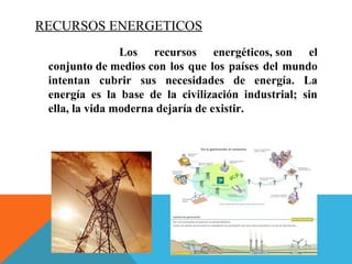 RECURSOS ENERGETICOS
Los recursos energéticos, son el
conjunto de medios con los que los países del mundo
intentan cubrir sus necesidades de energía. La
energía es la base de la civilización industrial; sin
ella, la vida moderna dejaría de existir.
 