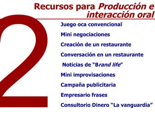 Juego oca convencional Mini negociaciones  Creación de un restaurante Conversación en un restaurante Noticias de “B rand life ”  Mini improvisaciones Campaña publicitaria Empresario frases Consultorio Dinero “La vanguardia” 2 Recursos para  Producción e interacción oral 
