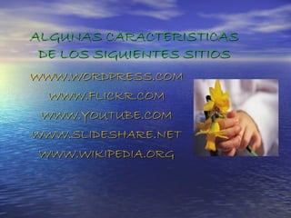 ALGUNAS CARACTERISTICAS DE LOS SIGUIENTES SITIOS WWW.WORDPRESS.COM WWW.FLICKR.COM WWW.YOUTUBE.COM WWW.SLIDESHARE.NET WWW.WIKIPEDIA.ORG 