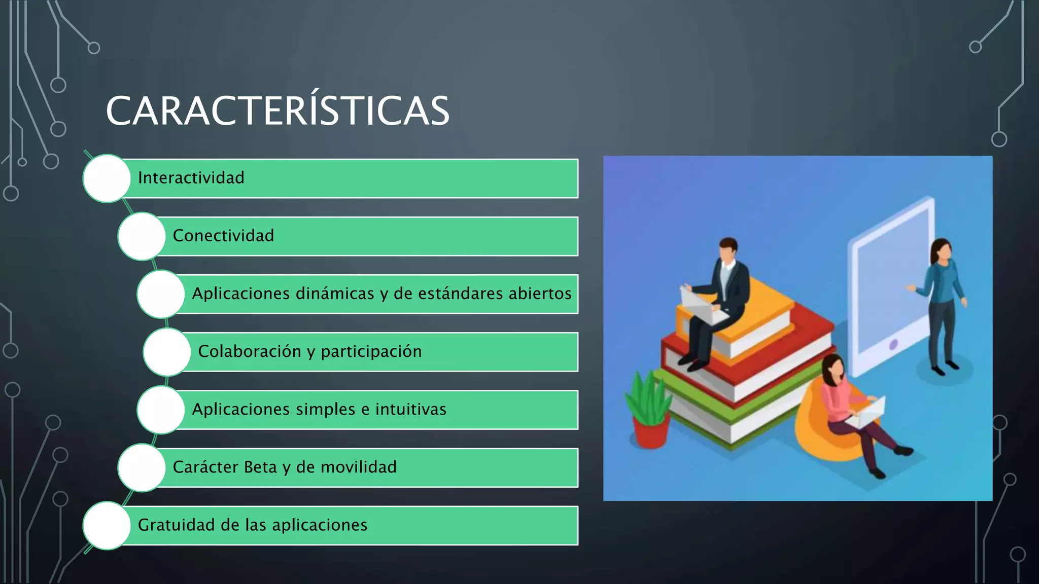 CARACTERÍSTICAS
Interactividad
Conectividad
Aplicaciones dinámicas y de estándares abiertos
Colaboración y participación
Aplicaciones simples e intuitivas
Carácter Beta y de movilidad
Gratuidad de las aplicaciones
 