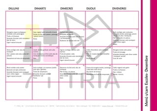 DILLUNS                                    DIMARTS
                                             DIMARTS                                 DIMECRES                                DIJOUS                                      DIVENDRES




                                       3                                        4                                    5                                                                                       7
Mongetes seques ecològiques                 Sopa vegetal amb meravella (s/carn)      Espinacs amb patata                                                                 Arròs ecològic amb verduretes
estofades amb pastanagues                   Estofat de lluç amb patates, patanaga    Croquetes de bacallà                                                                (mongeta tendra, pastanaga, pèsols i
Truita a la francesa                        i pèsols (s/carn)                                                                                                            sofregit de ceba i tomàquet)
                                                                                     Amanida d'enciam amb blat de moro
Amanida d'enciam amb remolatxa i                                                     i col llombarda                                                                     Filet de rosada a la planxa
                                            Poma
blat de moro                                                                         Rodanxes de taronja amb mel                                                         Amanida d'enciam amb tomàquet
Iogurt natural ensucrat                                                                                                                                                  verd i olives negres
                                                                                                                                                                         Plàtan

                                       10                                      11                                       12                                          13                                   14
Arròs ecològic amb salsa de                 Llacets de blat gratinats amb ceba       Cigrons ecològics estofats amb          Caldo d'hortalisses amb estrelletes         Mongeta tendra amb patata
tomàquet                                    (s/carn)                                 espinacs                                (s/carn)                                    Truita de formatge
Ous i patates amb salsa verda (all i        Llom de tonyina al forn amb salsa de     Truita de patata i ceba                 Filet de rosada amb salsa d'ametlles        Amanida d'enciam amb olives verdes
julivert)                                   tomàquet i herbes aromàtiques                                                    (s/carn)




                                                                                                                                                                                                                 Menú s/carn Escoles- Desembre
                                                                                     Amanida d'enciam amb remolatxa i                                                    i tomàquet vermell
Macedònia de fruita de temporada            Pera                                     blat de moro                            Pinya natural                               Coca de sucre
                                                                                     Iogurt natural ensucrat


                                       17                                       18                                      19                                   20                                            21
Pèsols estofats amb patates                 Arròs ecològic a la marinera (caldós     Macarrons de blat amb salsa de          Crema de mongeta tendra, pastanaga          Caldo vegetal amb galets
Bastonets de sípia arrebossats              amb sípia i gambes)                      tomàquet                                i ceba amb rostes de pa                     Truita a la francesa
Amanida d'enciam amb tomàquet               Truita de xampinyons                     Filet de lluç a la planxa               Ous farcits de tonyina                      Xips i refrescs




                                                                                                                                                                                                                             Escoles-
verd i olives negres                        Amanida d'enciam amb col                 Amanida d'enciam amb remolatxa i        Macedònia de fruita de temporada            Neules i torrons
Iogurt natural ensucrat                     llombarda i api                          olives verdes
                                            Poma                                     Raïm




            7 i TRIA, SA – C/Carretera de Barcelona, 83 – 08740 – Sant Andreu de la Barca – Baix Llobregat- Tel. 936821043 – www.7itria.cat – 7itria@7itria.cat
 