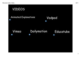 Recursos Audio, Video...                                 2011




                  VIDEOS

               Animated Explanations     Vodpod



                   Vimeo       Dailymotion   Educatube




                                                            7
 