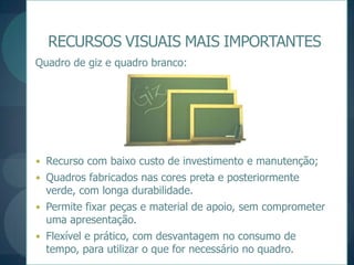 RECURSOS VISUAIS MAIS IMPORTANTESQuadro de giz e quadro branco:Recurso com baixo custo de investimento e manutenção;Quadros fabricados nas cores preta e posteriormente verde, com longa durabilidade.Permite fixar peças e material de apoio, sem comprometer uma apresentação.Flexível e prático, com desvantagem no consumo de tempo, para utilizar o que for necessário no quadro.