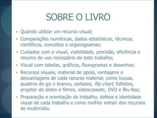 SOBRE O LIVROQuando utilizar um recurso visual;Comparações numéricas, dados estatísticos, técnicos, científicos, conceitos e organogramas;Cuidados com o visual, visibilidade, precisão, eficiência e resumo do uso necessário de todo trabalho;Visual com tabelas, gráficos, fluxogramas e desenhos;Recursos visuais, material de apoio, vantagens e desvantagens de cada recurso material, como lousas, quadros de giz e branco, cartazes, flipchart, folhetos, projetor de slides e filmes, videocassete, DVD e Blu-Ray;Preparação e orientação do trabalho, defesa e identidade visual de cada trabalho e como melhor extrair dos recursos de multimídia.