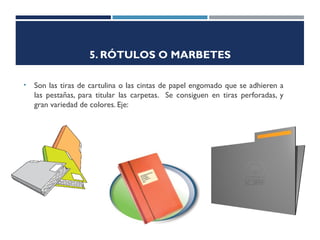 5. RÓTULOS O MARBETES
•

Son las tiras de cartulina o las cintas de papel engomado que se adhieren a
las pestañas, para titular las carpetas. Se consiguen en tiras perforadas, y
gran variedad de colores. Eje:

 