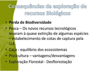 Consequências da exploração de recursos BiológicosPerda de Biodiversidade Pesca – Os novos recursos tecnológicos levaram à quase extinção de algumas espécies – estabelecimento de cotas de captura pela U.E. Caça - equilíbrio dos ecossistemasPiscicultura – vantagens/desvantagensExploração Florestal - Desflorestação