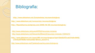 http://www.slideshare.net/Catiabarbosa/recursos-biologicos
http://www.slideshare.net/nunocorreia/recursos-biolgicos
http://filipedebarros.wordpress.com/2009/04/29/recursos-biologicos/
http://www.slideshare.net/guest45f5d2/recursos-minerais
http://www.slideshare.net/AlexandreRibeiro5/recursos-minerais-13044213
http://www.slideshare.net/espacn88/recursos-biolgicos?qid=54e8197b-adc0-4afe-8441-
c7fe41a87f8d&v=default&b=&from_search=1
http://www.slideshare.net/Catiabarbosa/recursos-biologicos
Bibliografia:
 
