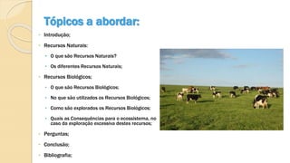 Tópicos a abordar:
• Introdução;
• Recursos Naturais:
• O que são Recursos Naturais?
• Os diferentes Recursos Naturais;
• Recursos Biológicos;
• O que são Recursos Biológicos;
• No que são utilizados os Recursos Biológicos;
• Como são explorados os Recursos Biológicos;
• Quais as Consequências para o ecossistema, no
caso da exploração excessiva destes recursos;
• Perguntas;
• Conclusão;
• Bibliografia;
 