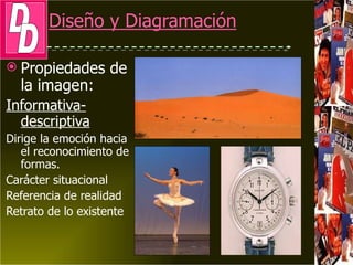 Propiedades de la  imagen: Informativa-descriptiva Dirige la emoción hacia el reconocimiento de formas. Carácter situacional Referencia de realidad Retrato de lo existente 