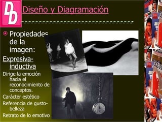 Propiedades de la  imagen: Expresiva-inductiva Dirige la emoción hacia el reconocimiento de conceptos. Carácter estético Referencia de gusto-belleza Retrato de lo emotivo 