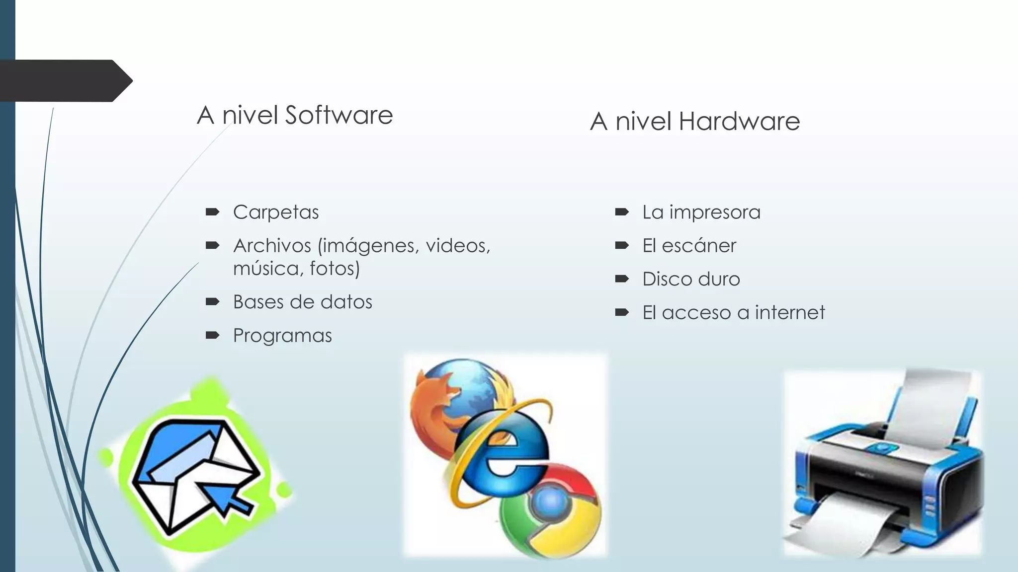 A nivel Software
 Carpetas
 Archivos (imágenes, videos,
música, fotos)
 Bases de datos
 Programas
A nivel Hardware
 La impresora
 El escáner
 Disco duro
 El acceso a internet
 