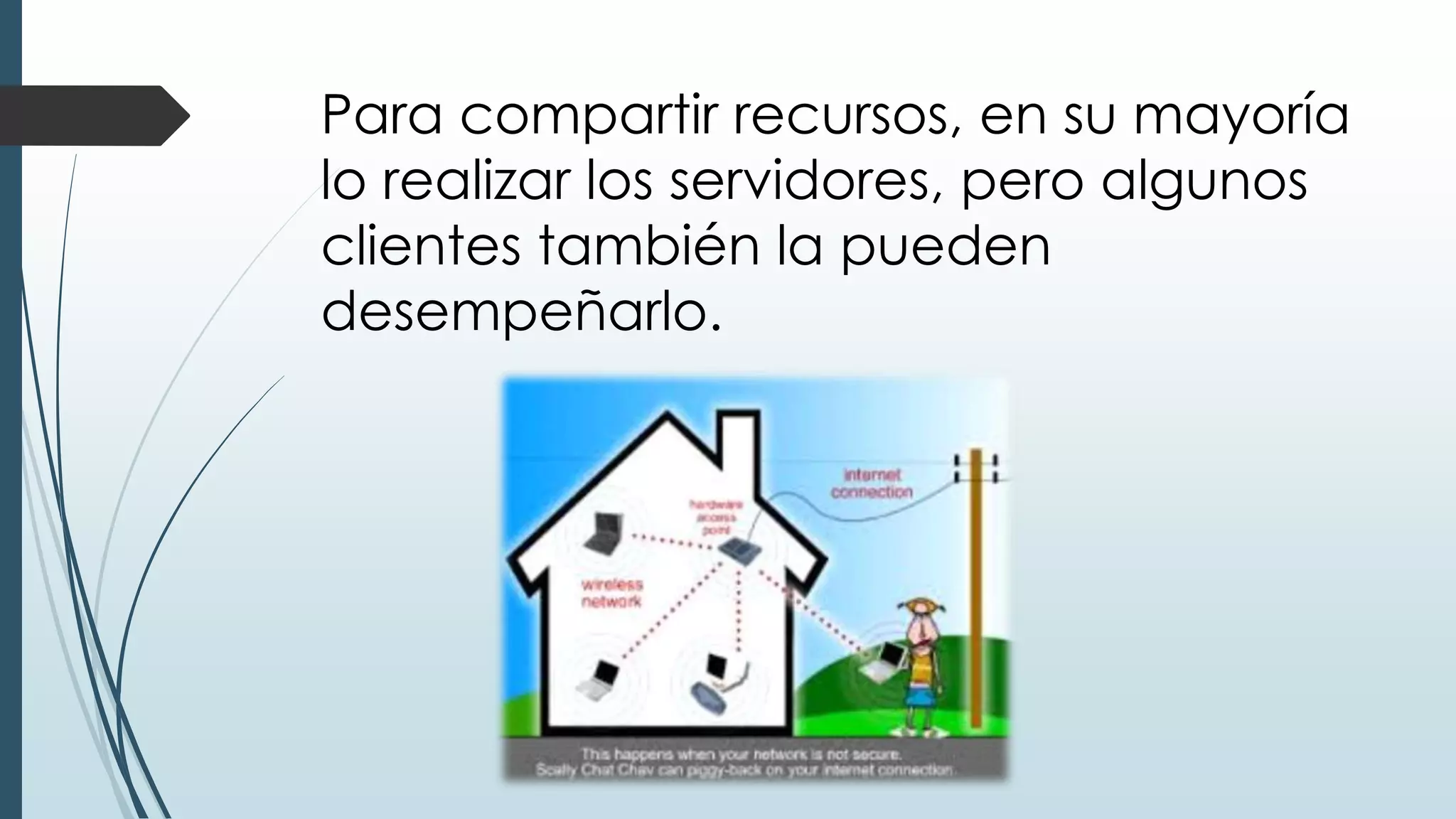 Para compartir recursos, en su mayoría
lo realizar los servidores, pero algunos
clientes también la pueden
desempeñarlo.
 