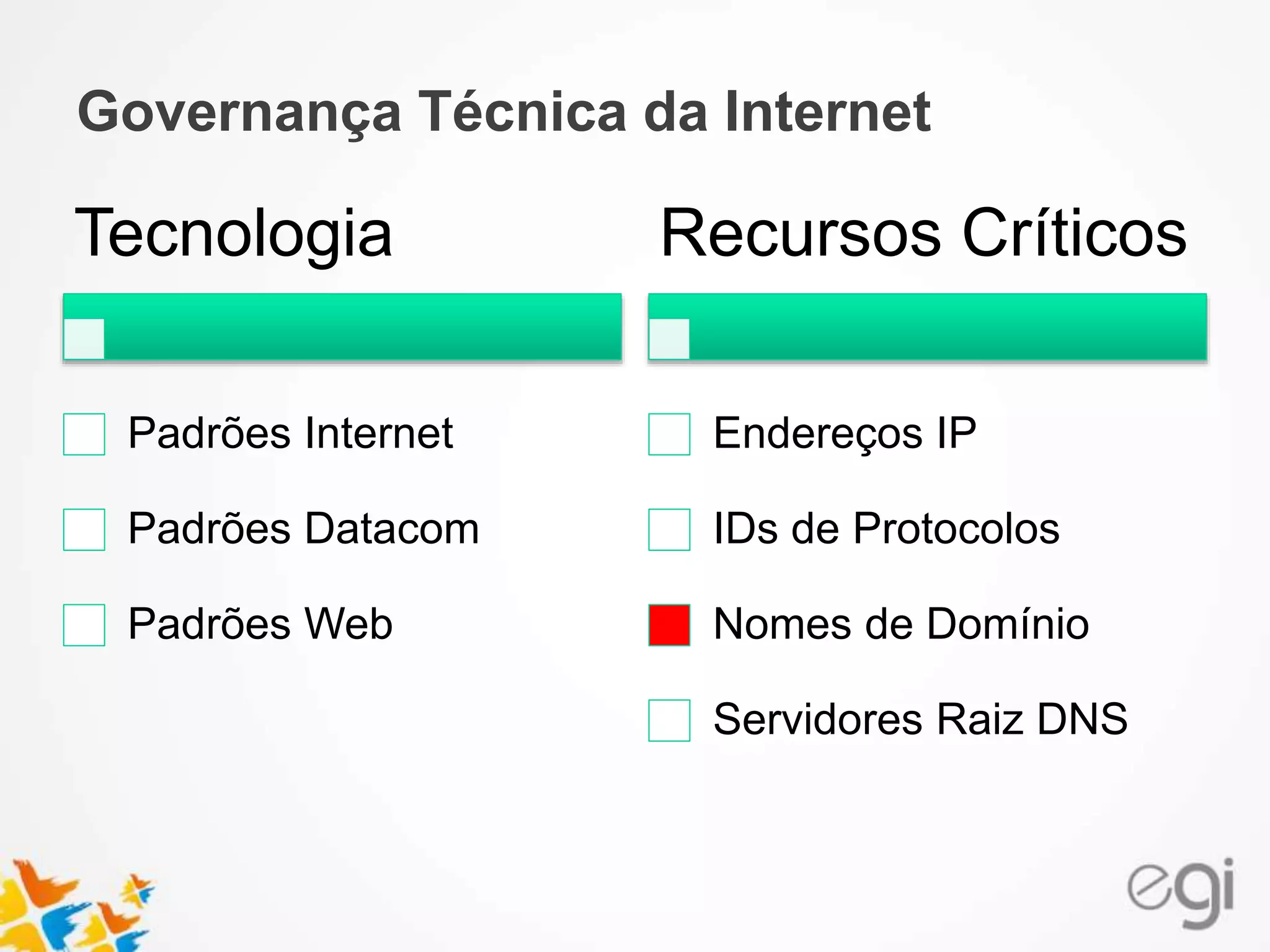 Governança Técnica da Internet
Tecnologia
Padrões Internet
Padrões Datacom
Padrões Web
Recursos Críticos
Endereços IP
IDs de Protocolos
Nomes de Domínio
Servidores Raiz DNS
 