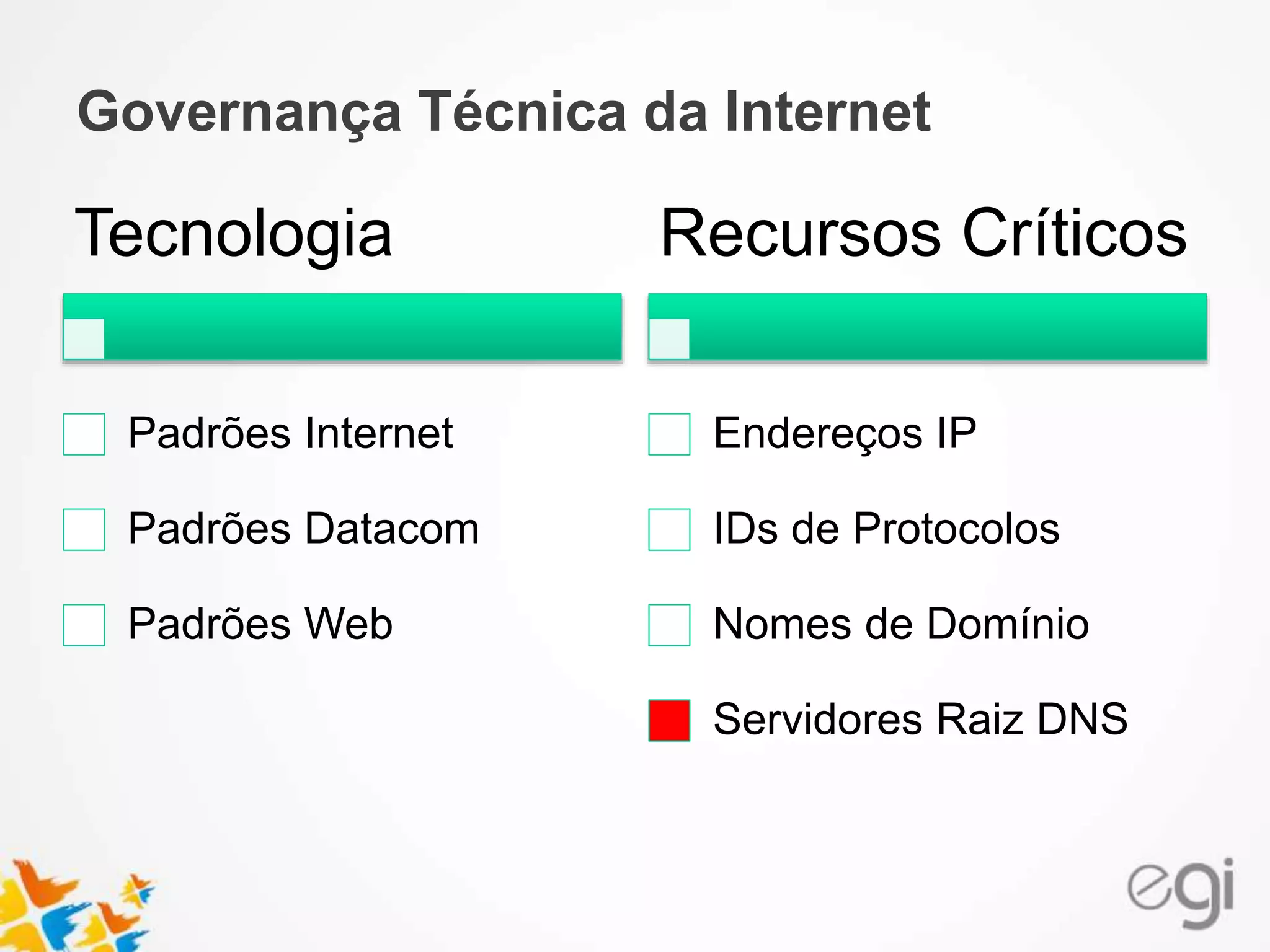 Governança Técnica da Internet
Tecnologia
Padrões Internet
Padrões Datacom
Padrões Web
Recursos Críticos
Endereços IP
IDs de Protocolos
Nomes de Domínio
Servidores Raiz DNS
 