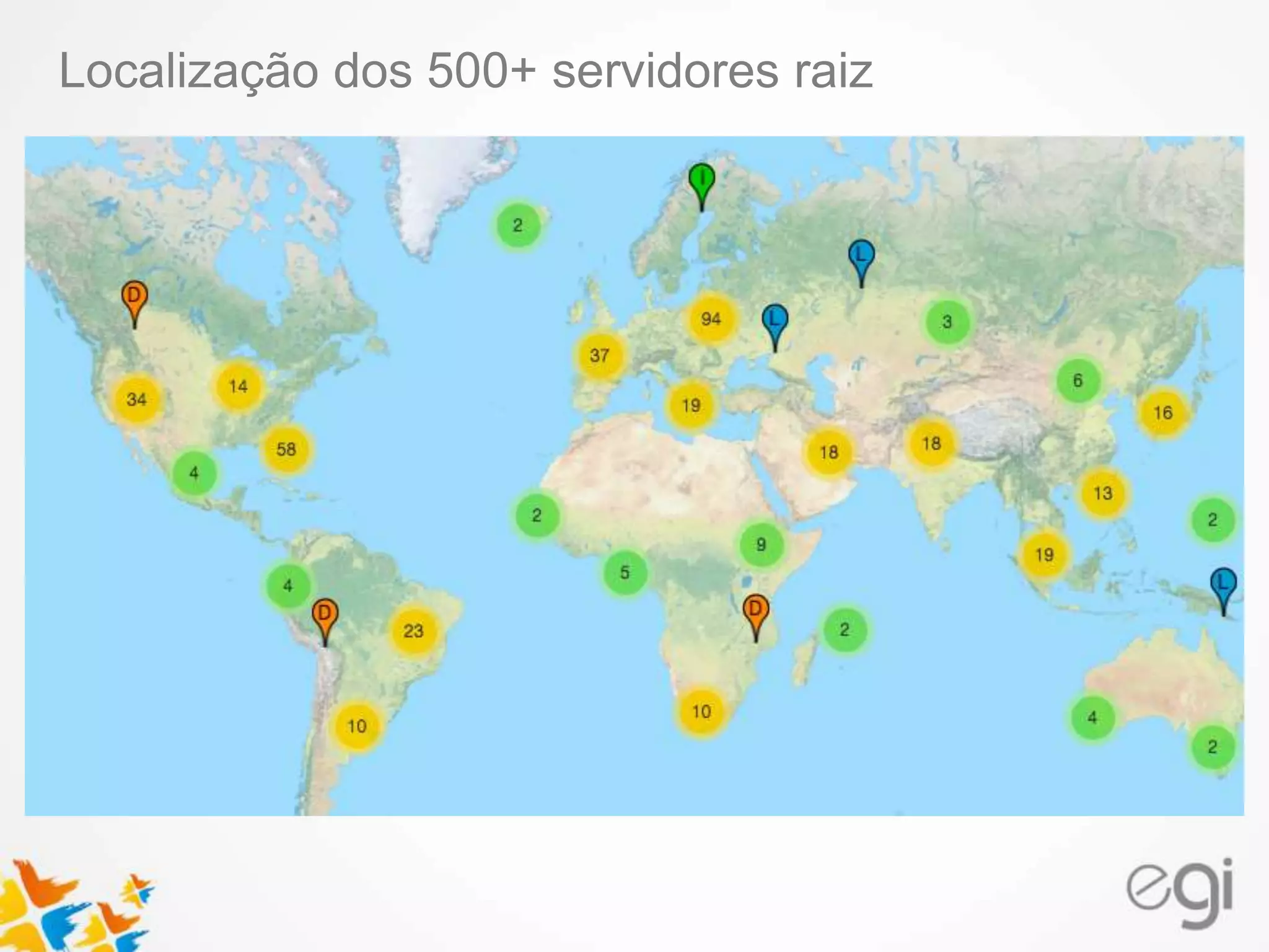 Localização dos 500+ servidores raiz
 