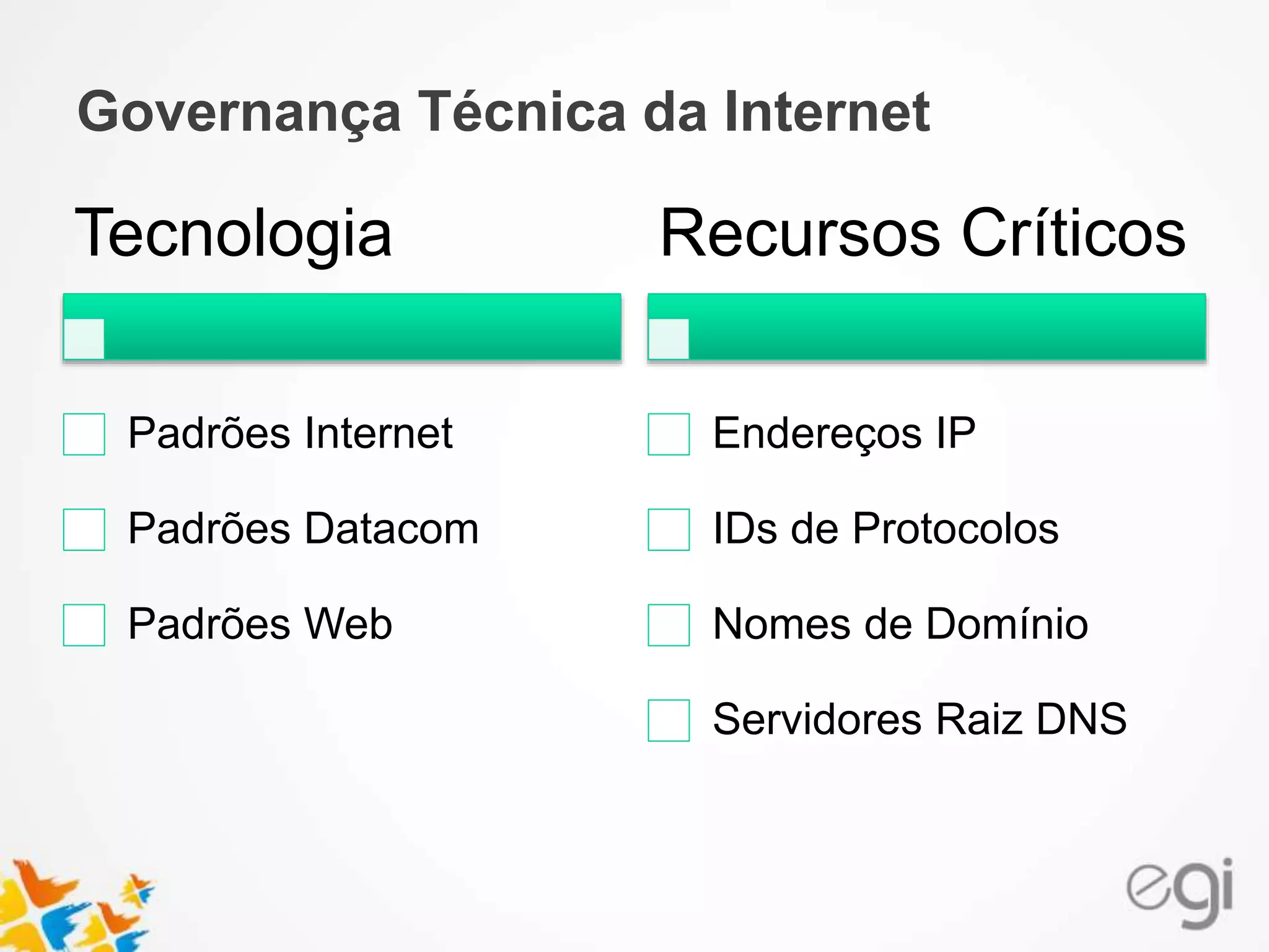 Governança Técnica da Internet
Tecnologia
Padrões Internet
Padrões Datacom
Padrões Web
Recursos Críticos
Endereços IP
IDs de Protocolos
Nomes de Domínio
Servidores Raiz DNS
 