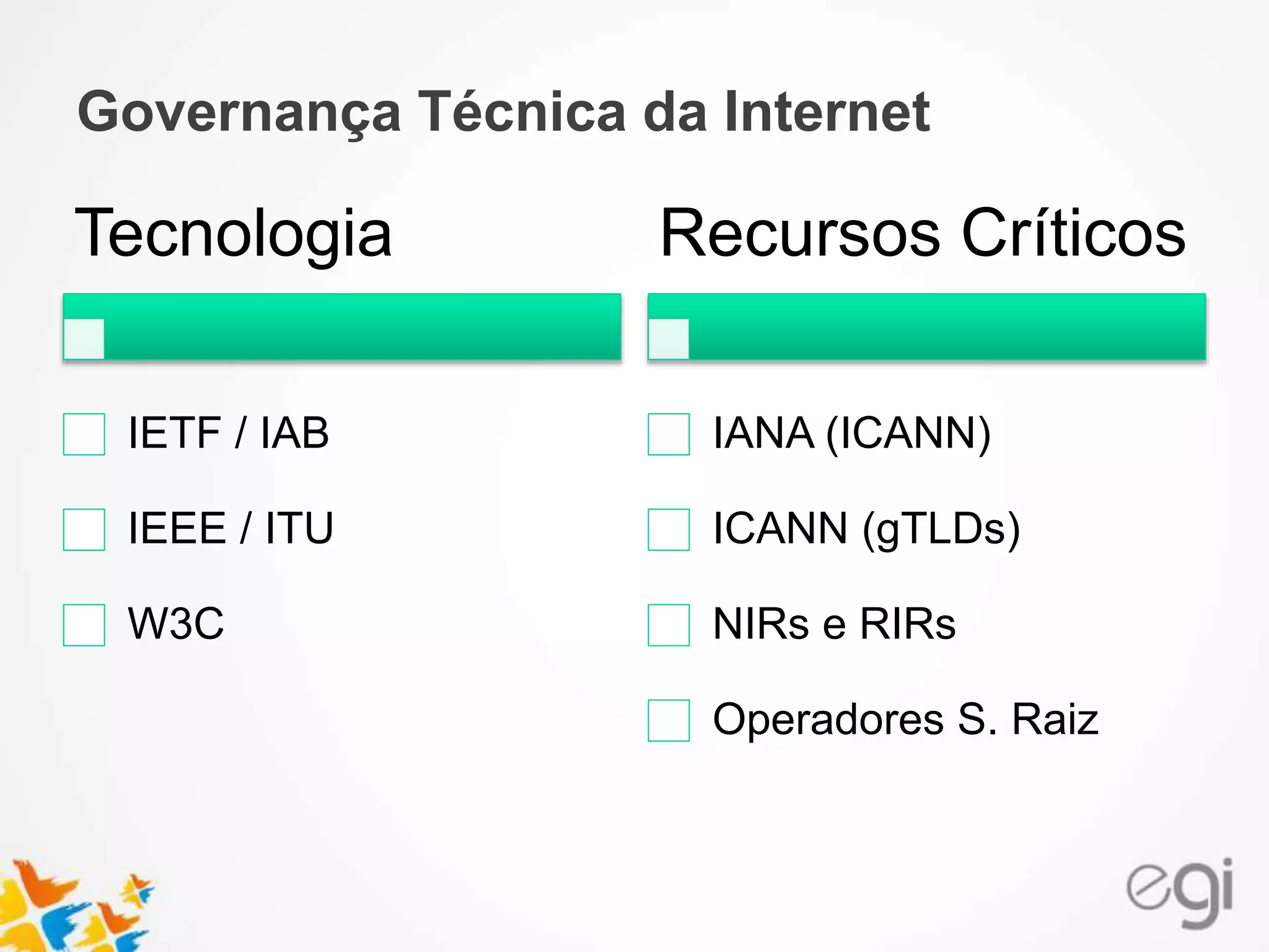 Governança Técnica da Internet
Tecnologia
IETF / IAB
IEEE / ITU
W3C
Recursos Críticos
IANA (ICANN)
ICANN (gTLDs)
NIRs e RIRs
Operadores S. Raiz
 