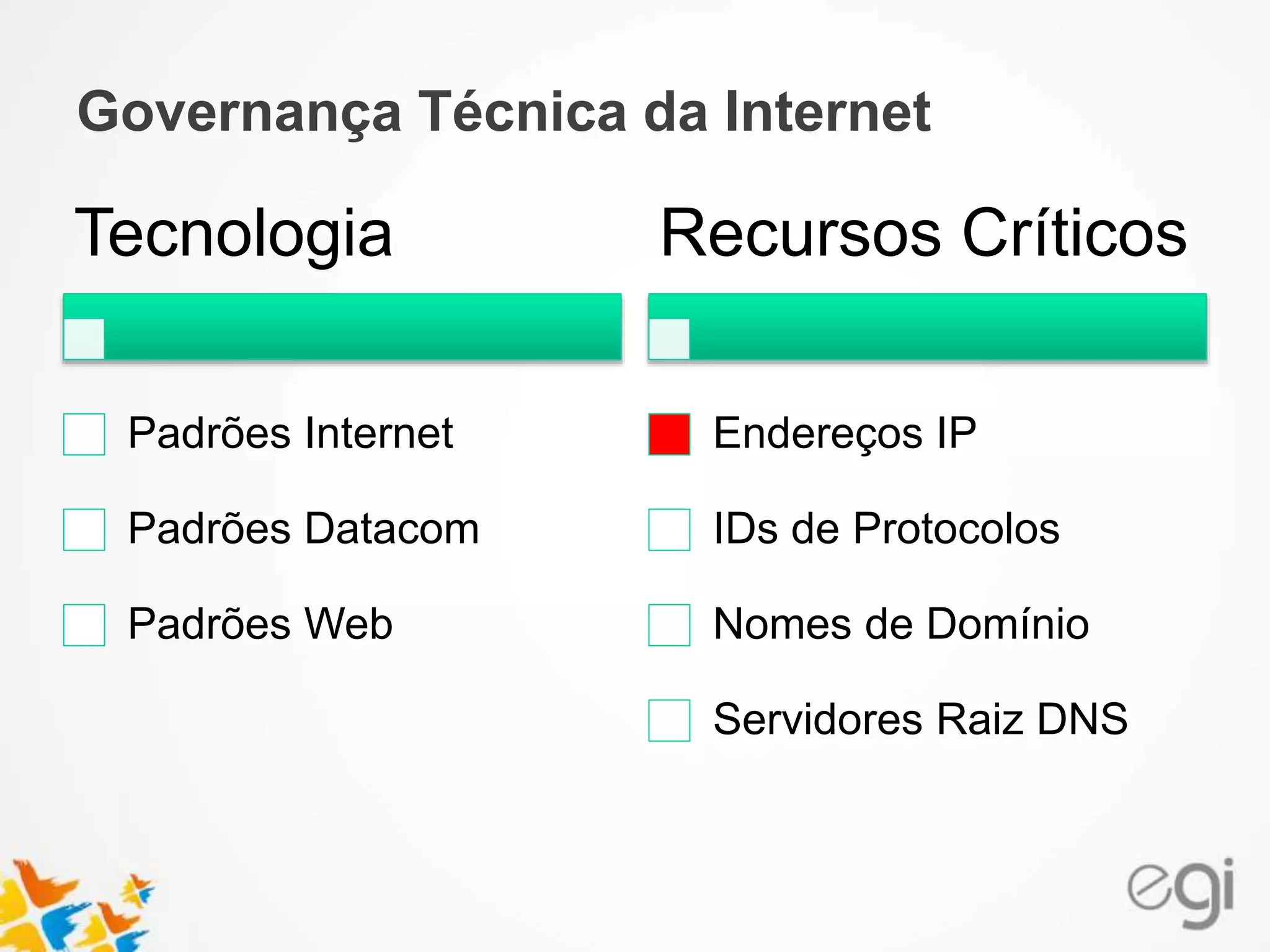 Governança Técnica da Internet
Tecnologia
Padrões Internet
Padrões Datacom
Padrões Web
Recursos Críticos
Endereços IP
IDs de Protocolos
Nomes de Domínio
Servidores Raiz DNS
 