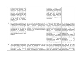 el diseño y diversificación de la
actuación del docente y su
orientación operativa hacia la
atención a la diversidad de
alumnos que aprenden, que
potencian la adecuación de la
respuesta educativa a la
situación de aprendizaje, con el
fin de elevar la calidad y
eficiencia de las acciones
pedagógicas.
Ambiente Virtual de
Aprendizaje (AVA), enlaces a
elementos multimedia como
Imágenes, Video, Audio, etc.
Para que un contenido
clasifique como objeto de
aprendizaje deben ser re-
utilizables y disponer de
metadatos.
1.3 Los recursos didácticos son
aquellos materiales didácticos
o educativos que sirven como
mediadores para el desarrollo y
enriquecimiento del alumno,
favoreciendo el proceso de
enseñanza y aprendizaje y
facilitando la interpretación de
contenido que el docente ha de
enseñar
es un medio que sirve para estimular
el proceso educativo, permitiendo al
niño adquirir informaciones,
experiencias, desarrollar actitudes y
adoptar normas de conductas de
acuerdo a las competencias que se
quieren lograr.
Un Objeto de Aprendizaje es
un conjunto de recursos
digitales, autocontenible y
reutilizable, con un propósito
educativoy constituido por al
menos tres componentes
internos: contenidos,
actividades de aprendizaje y
elementos de
contextualización. El Objeto
de Aprendizaje debe tener
una estructura de
información externa
(metadatos) que facilite su
almacenamiento,
identificación y recuperación
En el campo educativo
incluye cualquiera de los
medios empleados para
transmitir las áreas
temáticas de la
enseñanza: la exposición
mediante la pizarra, la
proyección de
diapositivas, la
proyección de video, la
proyección de material
impreso mediante un
proyector de
documentos o
presentador visual, los
sistemas de audio.
1.4 Son Materiales diversos que
ayuda a facilitar la enseñanza
con el propósito de dar
información al alumno.
Pretenden acercar a los
Son materiales impresos o no, que
facilitan el aprender a aprender.
Pueden ser impresos,
audiovisuales, informáticos, etc.
Están formados por herramientas
Los OA son una pieza digital
de material de aprendizaje
que direcciona a un tema
claramente identificable o
salida de aprendizaje y que
Son uno de los ejes
vertebradores de gran
parte de las acciones de
enseñanza aprendizaje
desarrolladas en
 
