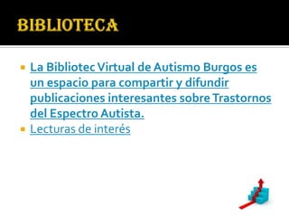    La Bibliotec Virtual de Autismo Burgos es
    un espacio para compartir y difundir
    publicaciones interesantes sobre Trastornos
    del Espectro Autista.
   Lecturas de interés
 