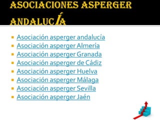    Asociación asperger andalucía
   Asociación asperger Almería
   Asociación asperger Granada
   Asociación asperger de Cádiz
   Asociación asperger Huelva
   Asociación asperger Málaga
   Asociación asperger Sevilla
   Asociación asperger Jaén
 