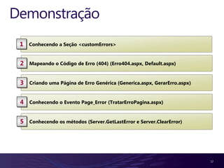 Demonstração12Conhecendo a Seção<customErrors>1Mapeando o Código de Erro (404) (Erro404.aspx, Default.aspx)2CriandoumaPágina de ErroGenérica (Generica.aspx, GerarErro.aspx)3Conhecendo o EventoPage_Error (TratarErroPagina.aspx)4Conhecendoosmétodos (Server.GetLastErrore Server.ClearError)5
