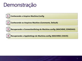 Demonstração4Conhecendo o ArquivoMachine.Config1ConhecendoosArquivos Machine (Comments, Default)2Recuperando a ConnectionString do Machine.config (MACHINE_CONEXAO)3Recuperando a AppSettings do Machine.config (MACHINE_CHAVE)4