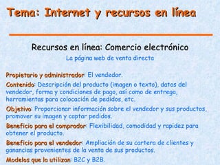 Tema: Internet y recursos en línea


         Recursos en línea: Comercio electrónico
                     La página web de venta directa

Propietario y administrador: El vendedor.
              administrador
Contenido: Descripción del producto (imagen o texto), datos del
Contenido
vendedor, forma y condiciones de pago, así como de entrega,
herramientas para colocación de pedidos, etc.
Objetivo: Proporcionar información sobre el vendedor y sus productos,
Objetivo
promover su imagen y captar pedidos.
Beneficio para el comprador: Flexibilidad, comodidad y rapidez para
                  comprador
obtener el producto.
Beneficio para el vendedor: Ampliación de su cartera de clientes y
                  vendedor
ganancias provenientes de la venta de sus productos.
Modelos que la utilizan: B2C y B2B.
               utilizan
 