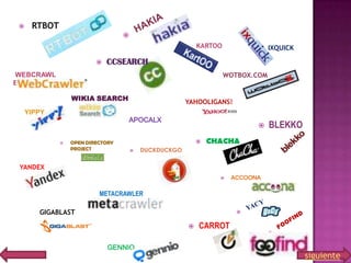 

RTBOT
KARTOO


IXQUICK

CCSEARCH
WOTBOX.COM

WEBCRAWL
ER
WIKIA SEARCH
YIPPY

YAHOOLIGANS!

APOCALX



OPEN DIRECTORY
PROJECT






BLEKKO

CHACHA

DUCKDUCKGO

YANDEX


ACCOONA

METACRAWLER
GIGABLAST


GENNIO

CARROT

siguiente

 