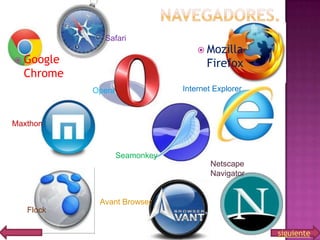 Safari

 Google

 Mozilla

Firefox

Chrome

Internet Explorer

Opera

Maxthon

Seamonkey

Netscape
Navigator

Avant Browser
Flock

siguiente

 