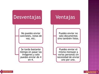 Desventajas

Ventajas

No puedes enviar
canciones, notas de
voz, etc.

Se tarda bastante
tiempo en pasar las
imágenes y solo
puedes enviar de 4
en 4.

anterior

Puedes enviar no
solo documentos
sino también fotos.

Puedes enviar el
mismo mensaje a
varias personas sin
necesidad de enviar
uno por uno.

siguiente

 