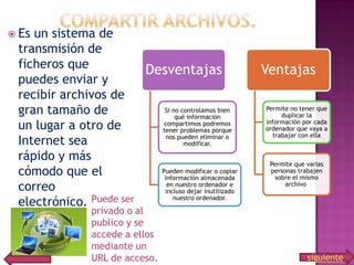  Es

un sistema de
transmisión de
ficheros que
Desventajas
puedes enviar y
recibir archivos de
Si no controlamos bien
gran tamaño de
qué información
compartimos podremos
un lugar a otro de
tener problemas porque
nos pueden eliminar o
Internet sea
modificar.
rápido y más
Pueden modificar o copiar
cómodo que el
información almacenada
en nuestro ordenador e
correo
incluso dejar inutilizado
nuestro ordenador.
electrónico. Puede ser
privado o al
publico y se
accede a ellos
mediante un
URL de acceso.

Ventajas
Permite no tener que
duplicar la
información por cada
ordenador que vaya a
trabajar con ella

Permite que varias
personas trabajen
sobre el mismo
archivo

siguiente

 