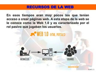 RECURSOS DE LA WEB
En esos tiempos eran muy pocos los que tenían
acceso a crear páginas web. A esta etapa de la web se
le conoce como la Web 1.0 y es caracterizada por el
rol pasivo que jugaban los usuarios.
SLWO | 5
 