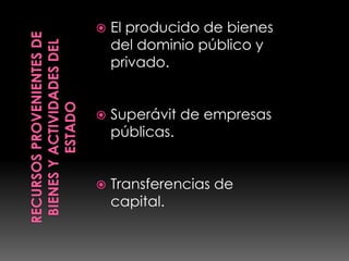 Recursos provenientes de bienes y actividades del EstadoEl producido de bienes del dominio público y privado.Superávit de empresas públicas.Transferencias de capital.